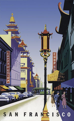 Sanfrancisco Chinatown White Modern Wood Framed Art Print with Double Matting by Vintage Apple Collection