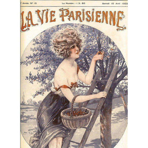 Lavie Parisenne Cherry Picking Black Modern Wood Framed Art Print with Double Matting by Vintage Apple Collection