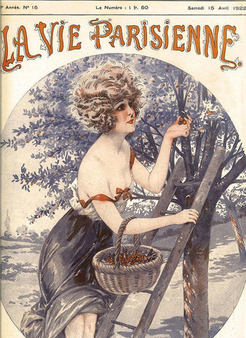 Lavie Parisenne Cherry Picking Black Ornate Wood Framed Art Print with Double Matting by Vintage Apple Collection