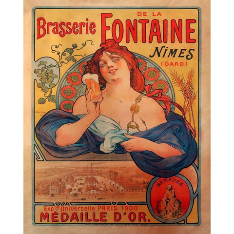 Brasserie Fontaine Gold Ornate Wood Framed Art Print with Double Matting by Vintage Apple Collection