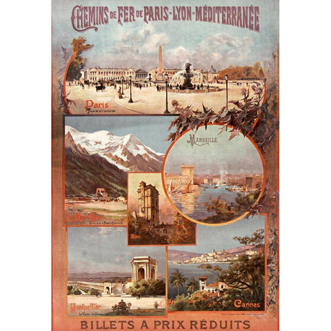 Chemins de Fer de Paris Lyon Gold Ornate Wood Framed Art Print with Double Matting by Vintage Apple Collection