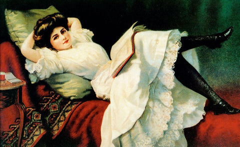 Beautiful Girl Laying On Couch Black Ornate Wood Framed Art Print with Double Matting by Vintage Apple Collection