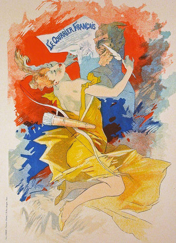 Cheret Courier Francais Black Ornate Wood Framed Art Print with Double Matting by Vintage Apple Collection