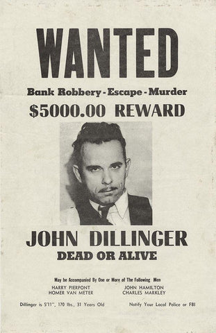 John Dillinger Wanted Poster Black Ornate Wood Framed Art Print with Double Matting by Vintage Apple Collection