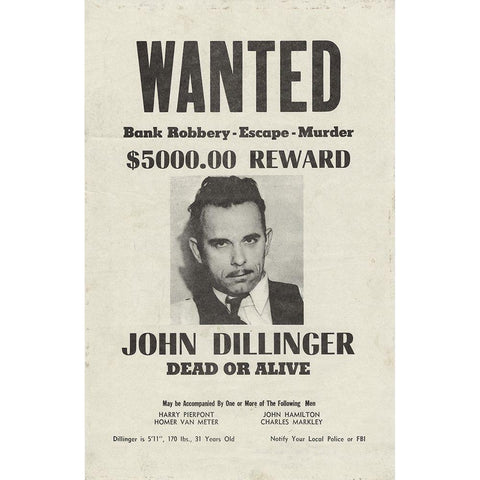 John Dillinger Wanted Poster Black Modern Wood Framed Art Print by Vintage Apple Collection