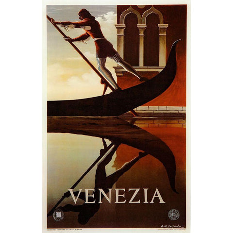 Venezia Venice Man Rowing Gondola Black Modern Wood Framed Art Print with Double Matting by Vintage Apple Collection