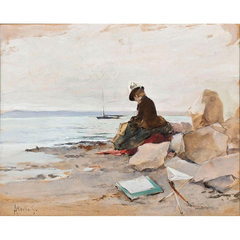 Albert Stevens - Painter At The Beach White Modern Wood Framed Art Print by Vintage Apple Collection