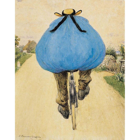 Blue Bicycle Rider White Modern Wood Framed Art Print by Vintage Apple Collection