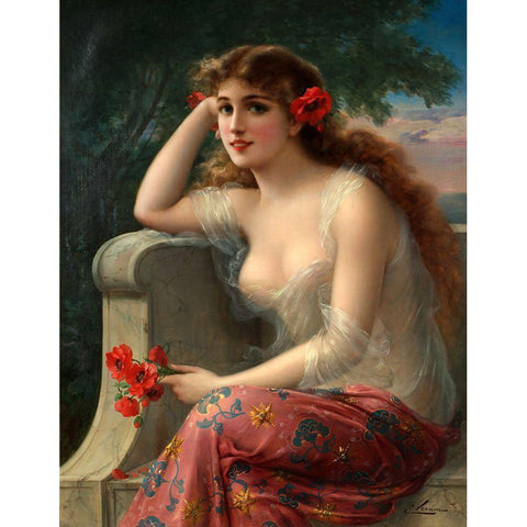 Emile Vernon - Girl With A Poppy Gold Ornate Wood Framed Art Print with Double Matting by Vintage Apple Collection