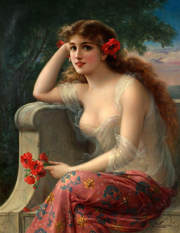 Emile Vernon - Girl With A Poppy White Modern Wood Framed Art Print with Double Matting by Vintage Apple Collection