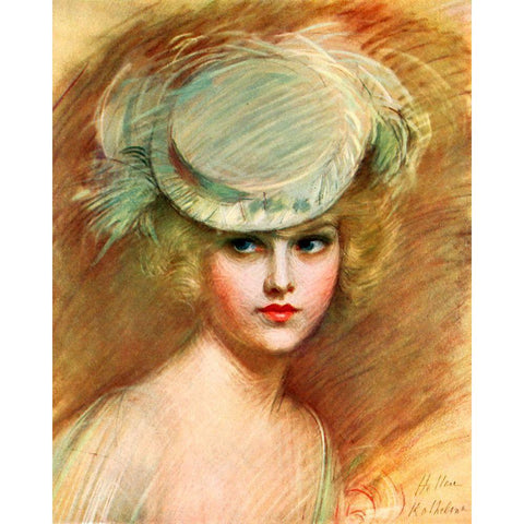 Lady In Green Hat White Modern Wood Framed Art Print by Vintage Apple Collection