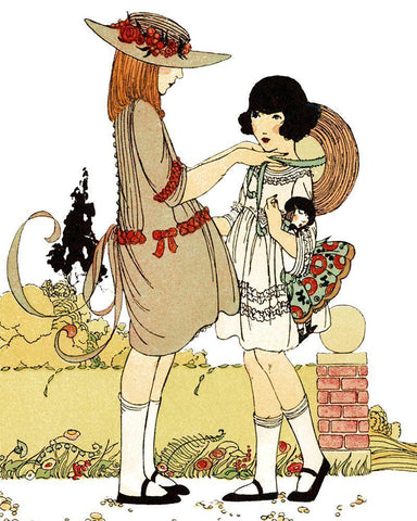 Two Young Girls Black Ornate Wood Framed Art Print with Double Matting by Vintage Apple Collection