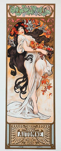 Mucha Autumn Black Ornate Wood Framed Art Print with Double Matting by Vintage Apple Collection