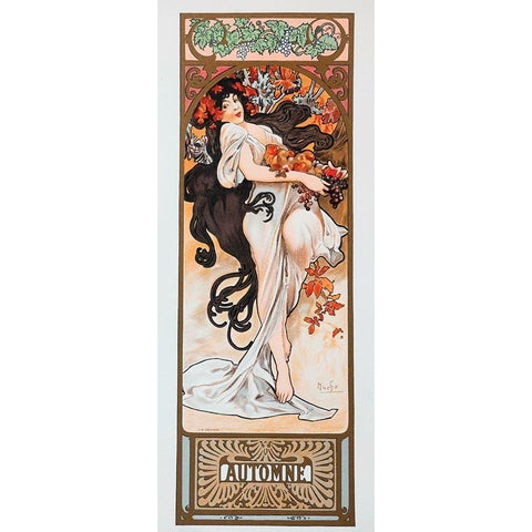 Mucha Autumn White Modern Wood Framed Art Print by Vintage Apple Collection