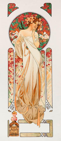 Mucha Perfume Black Ornate Wood Framed Art Print with Double Matting by Vintage Apple Collection