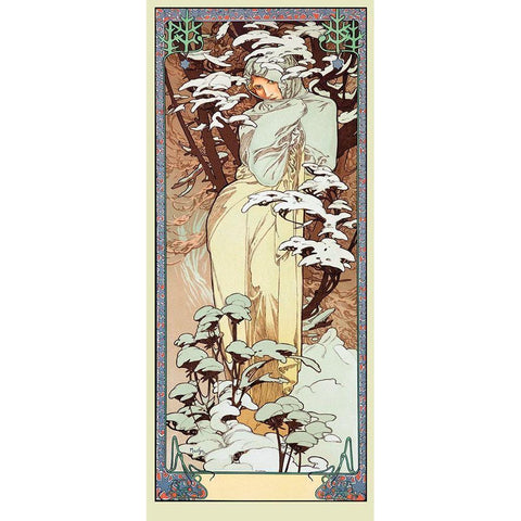 Mucha Winter Black Modern Wood Framed Art Print with Double Matting by Vintage Apple Collection