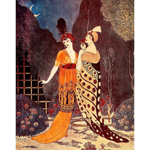 Barbier Two Ladies Under the Crescent Moon White Modern Wood Framed Art Print by Vintage Apple Collection