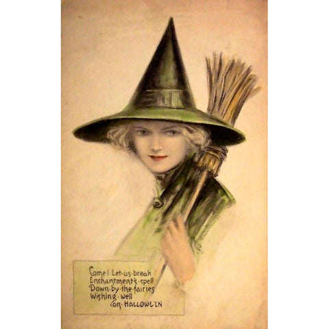 Halloween Beautiful Green Witch.tif White Modern Wood Framed Art Print by Vintage Apple Collection