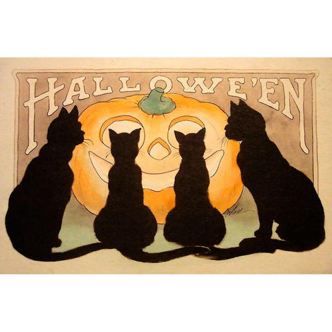 Halloween Black Cats Pumpkin.tif Gold Ornate Wood Framed Art Print with Double Matting by Vintage Apple Collection