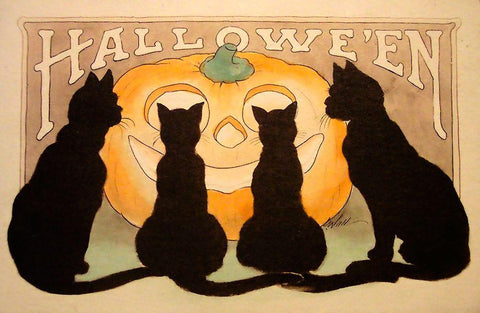 Halloween Black Cats Pumpkin.tif White Modern Wood Framed Art Print with Double Matting by Vintage Apple Collection