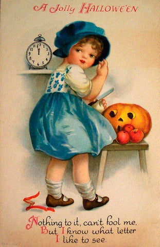 Halloween Blue Girl Clock.tif Black Ornate Wood Framed Art Print with Double Matting by Vintage Apple Collection