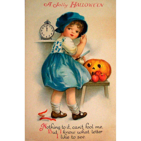 Halloween Blue Girl Clock.tif White Modern Wood Framed Art Print by Vintage Apple Collection