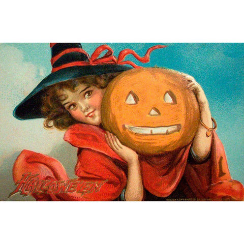 Halloween Girl Blue Sky Pumpkin.tif Gold Ornate Wood Framed Art Print with Double Matting by Vintage Apple Collection