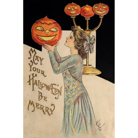 Halloween Girl Holding Pumpkin.tif Black Modern Wood Framed Art Print with Double Matting by Vintage Apple Collection