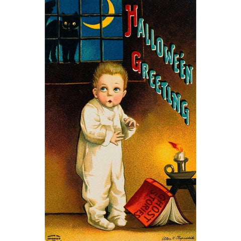 Halloween Greetings Little Boy.tif Black Modern Wood Framed Art Print with Double Matting by Vintage Apple Collection