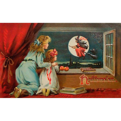 Halloween Out The Window.tif White Modern Wood Framed Art Print by Vintage Apple Collection