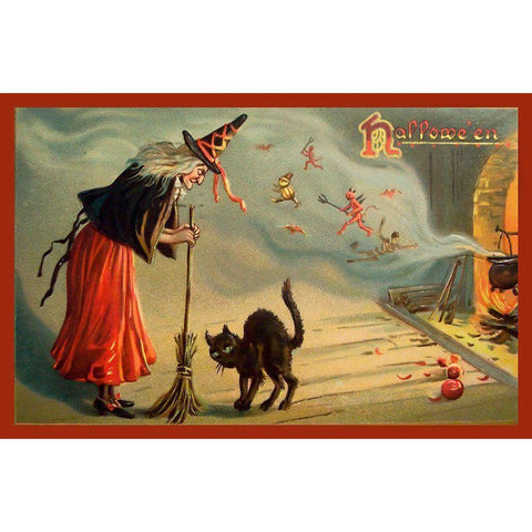 Halloween Witch And Cat.tif Black Modern Wood Framed Art Print with Double Matting by Vintage Apple Collection