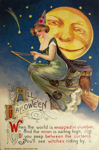 Halloween Witch Greendress Moon.tif White Modern Wood Framed Art Print with Double Matting by Vintage Apple Collection