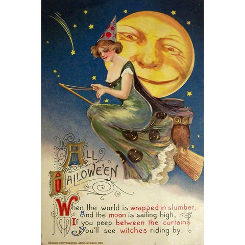 Halloween Witch Greendress Moon.tif White Modern Wood Framed Art Print by Vintage Apple Collection