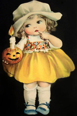 Joyful Halloween Yellow Dress.tif Black Ornate Wood Framed Art Print with Double Matting by Vintage Apple Collection