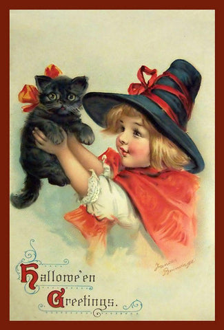 Little Witch And Halloween Kitty.tif Black Ornate Wood Framed Art Print with Double Matting by Vintage Apple Collection