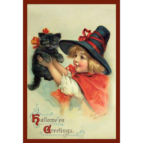 Little Witch And Halloween Kitty.tif White Modern Wood Framed Art Print by Vintage Apple Collection