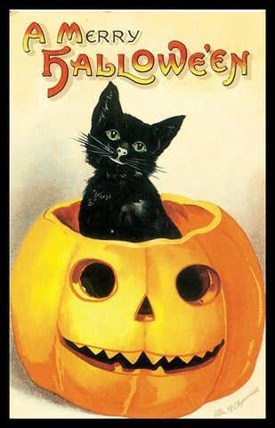 Merry Halloween White Modern Wood Framed Art Print with Double Matting by Vintage Apple Collection
