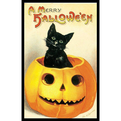 Merry Halloween Black Modern Wood Framed Art Print by Vintage Apple Collection