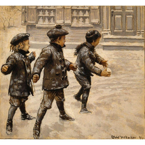 Boys Snowballs Black Modern Wood Framed Art Print with Double Matting by Vintage Apple Collection