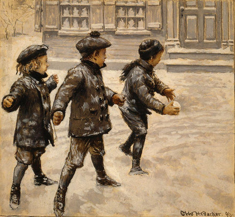 Boys Snowballs White Modern Wood Framed Art Print with Double Matting by Vintage Apple Collection