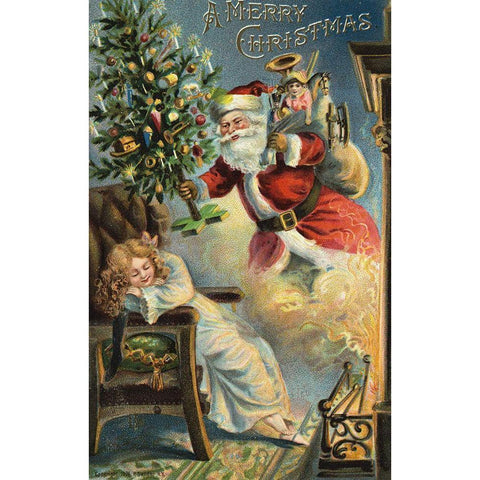 Merry Christmas Santa Gold Ornate Wood Framed Art Print with Double Matting by Vintage Apple Collection