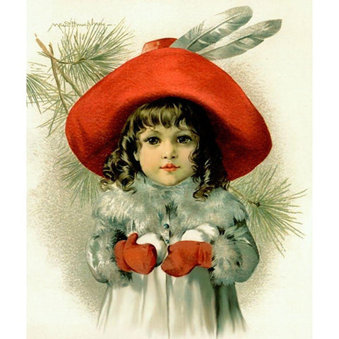 Xmas Girl With Snowballs Gold Ornate Wood Framed Art Print with Double Matting by Vintage Apple Collection