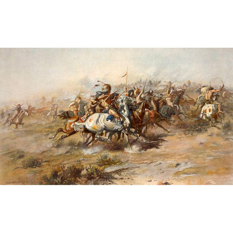 Charles Marion Russell - Custer Fight Gold Ornate Wood Framed Art Print with Double Matting by Vintage Apple Collection