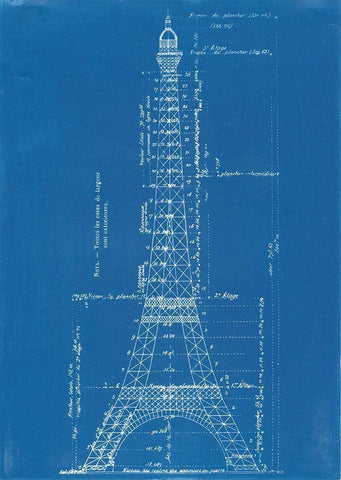 Eiffel Tower Blueprint White Modern Wood Framed Art Print with Double Matting by Vintage Apple Collection