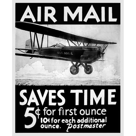 Airmail Saves Time Black Modern Wood Framed Art Print with Double Matting by Vintage Apple Collection