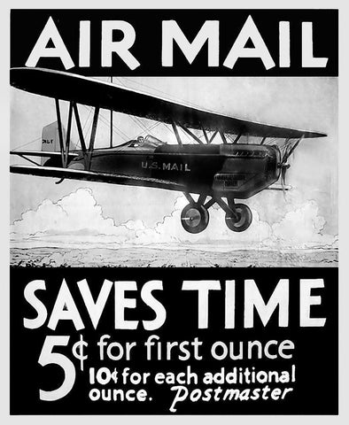 Airmail Saves Time White Modern Wood Framed Art Print with Double Matting by Vintage Apple Collection