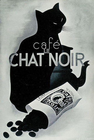 Chat noir Coffee Black Ornate Wood Framed Art Print with Double Matting by Vintage Apple Collection