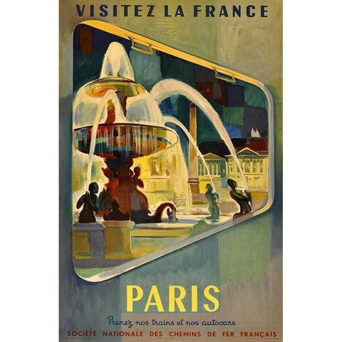 Paris Visitez La France Black Modern Wood Framed Art Print with Double Matting by Vintage Apple Collection