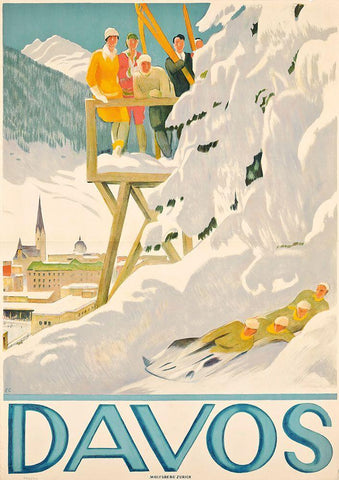 Davos Skiing White Modern Wood Framed Art Print with Double Matting by Vintage Apple Collection