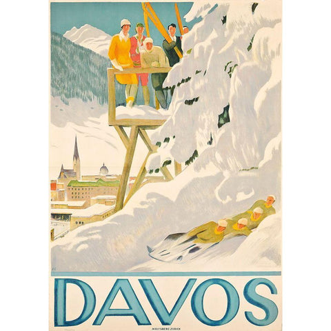 Davos Skiing White Modern Wood Framed Art Print by Vintage Apple Collection